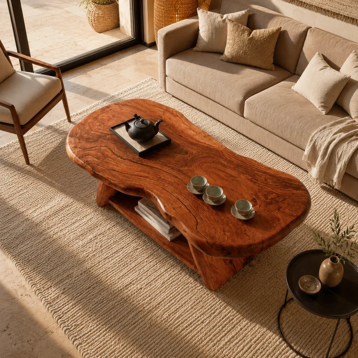Solid wood coffee table with freeform slab top and practical lower shelf for books