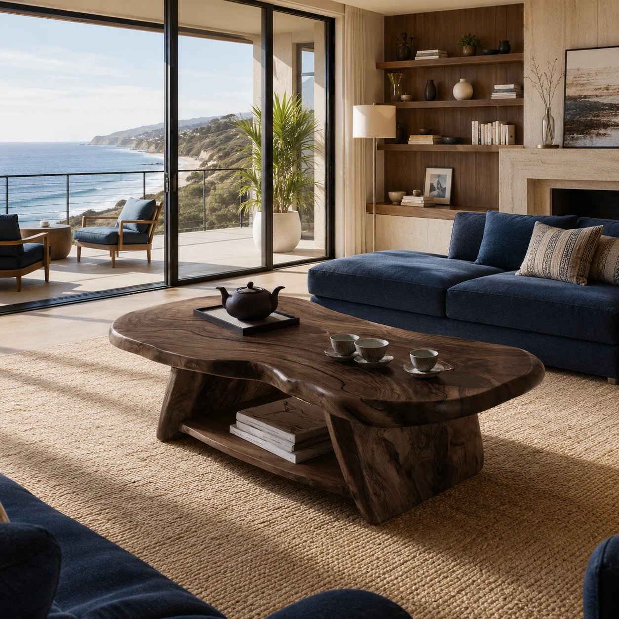 Statement coffee table with thick natural edge top and bold handcrafted base for rooms