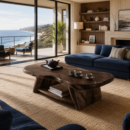 Statement coffee table with thick natural edge top and bold handcrafted base for rooms