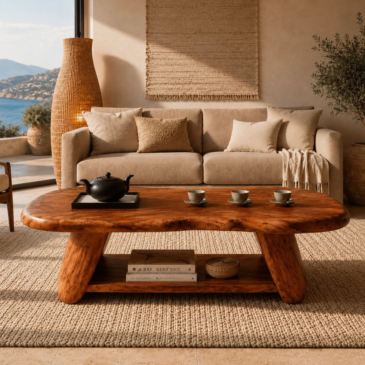 Premium coffee table with flowing natural edges and practical shelf storage for rooms