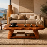 Premium coffee table with flowing natural edges and practical shelf storage for rooms