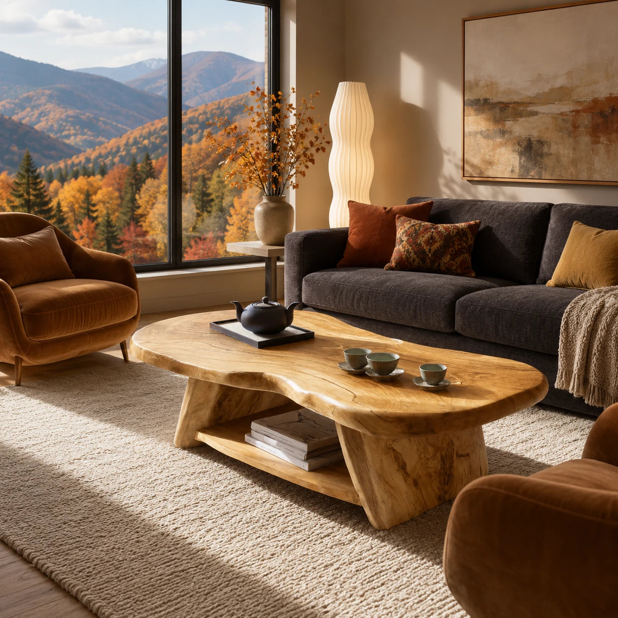 Low profile coffee table with open shelf and broad solid wood legs for calm interiors