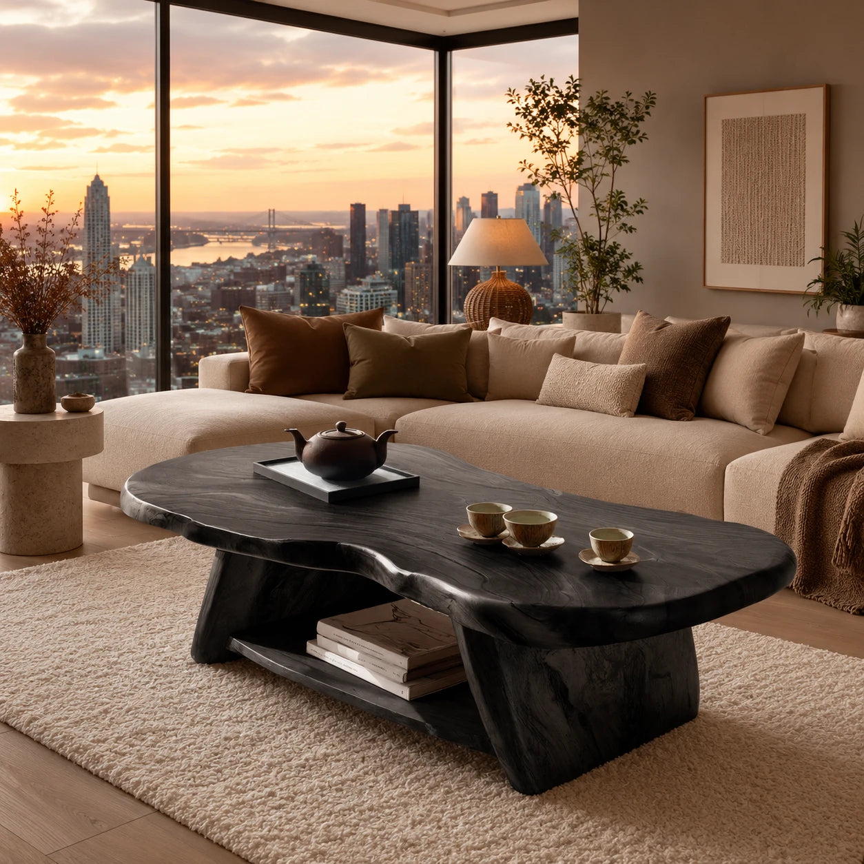 Artisan coffee table with irregular slab top and integrated shelf for modern living spaces