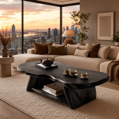 Artisan coffee table with irregular slab top and integrated shelf for modern living spaces