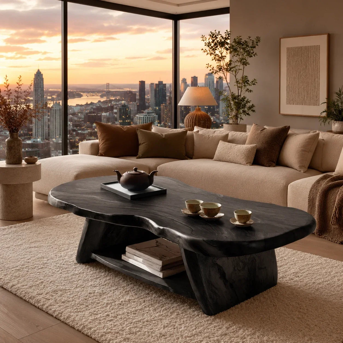 Artisan coffee table with irregular slab top and integrated shelf for modern living spaces
