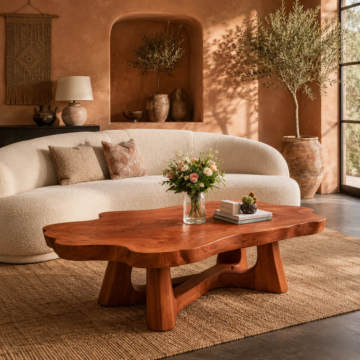 Organic coffee table with scalloped freeform top and sculpted base for warm interiors