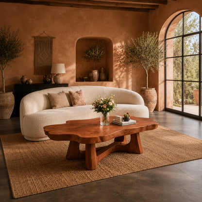 Handcrafted solid wood coffee table with flowing edges and bold supports for relaxed rooms