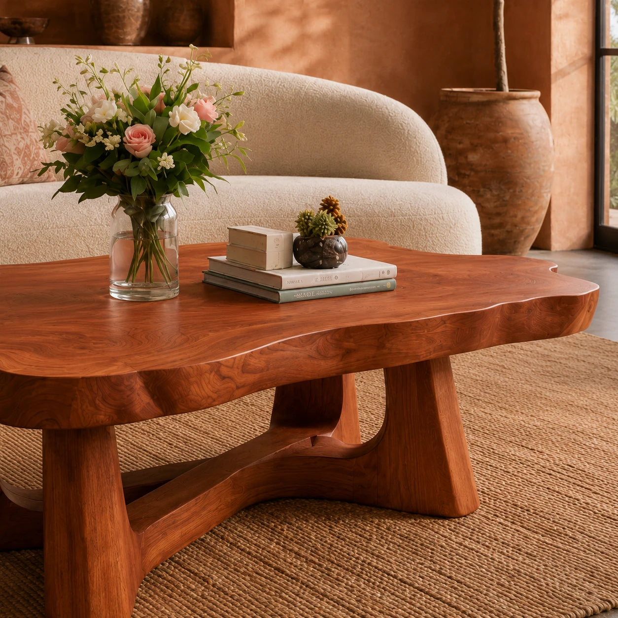 Low profile coffee table with rounded organic contours and sturdy wood legs for cozy rooms