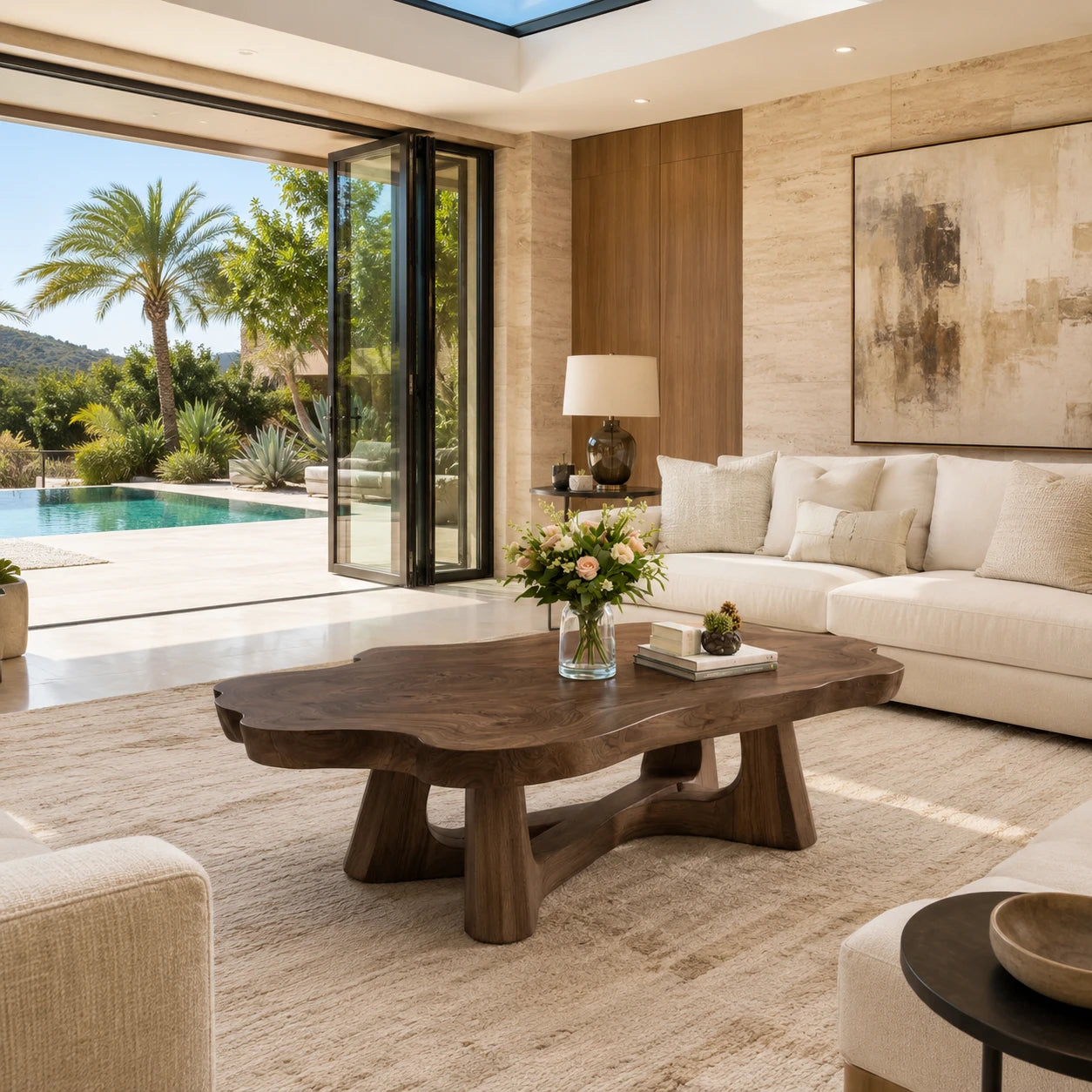 Living room coffee table with a broad freeform surface and artistic base for modern homes