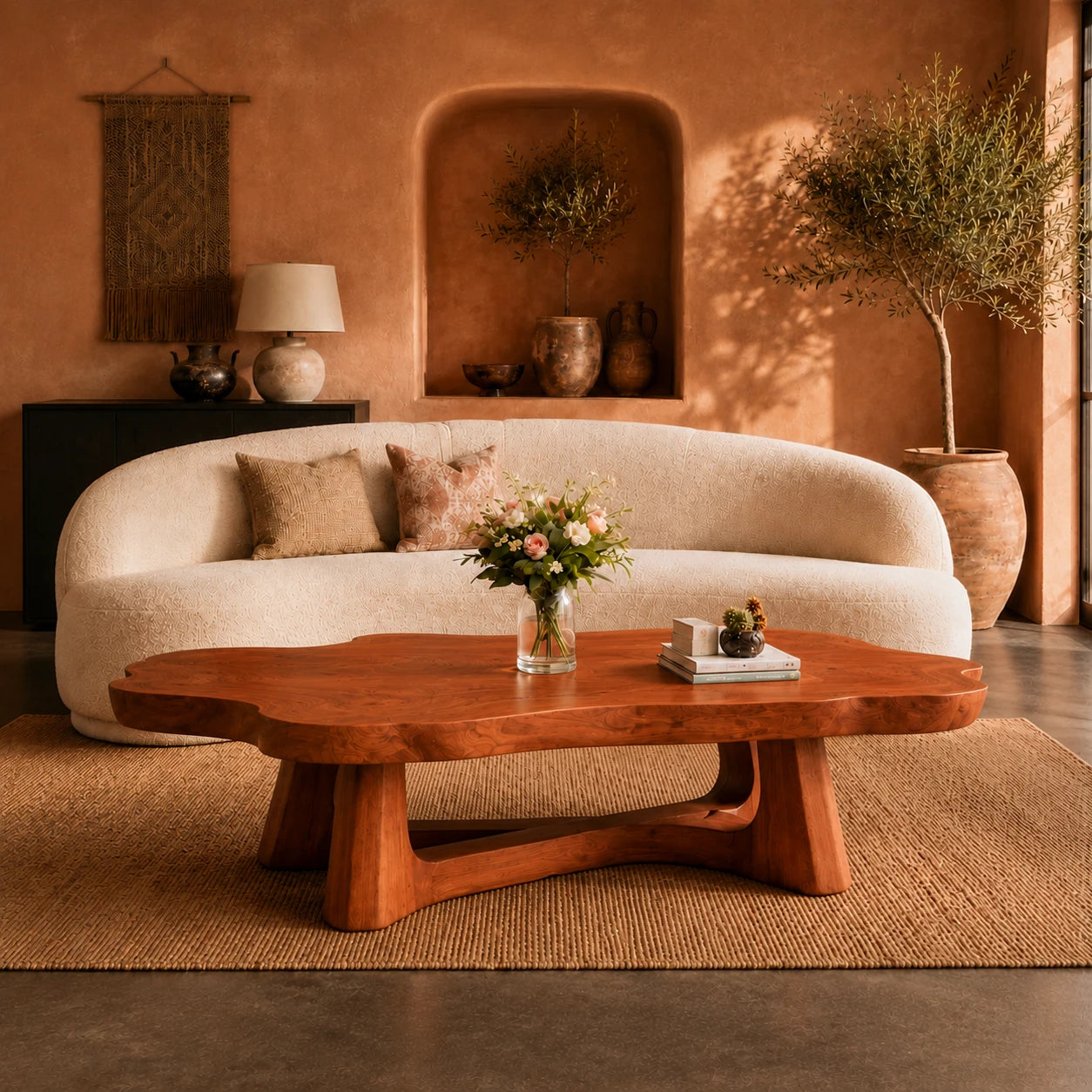Freeform coffee table with rounded contours and handcrafted solid wood base for calm rooms