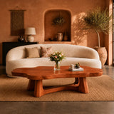 Freeform coffee table with rounded contours and handcrafted solid wood base for calm rooms