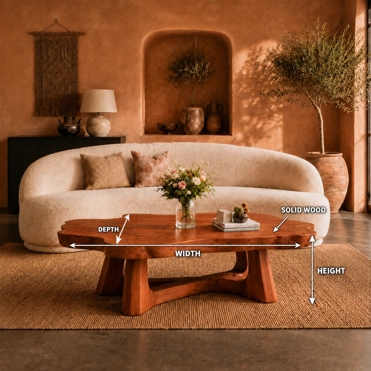 Artisan coffee table with asymmetrical edges and solid wood structure for relaxed rooms