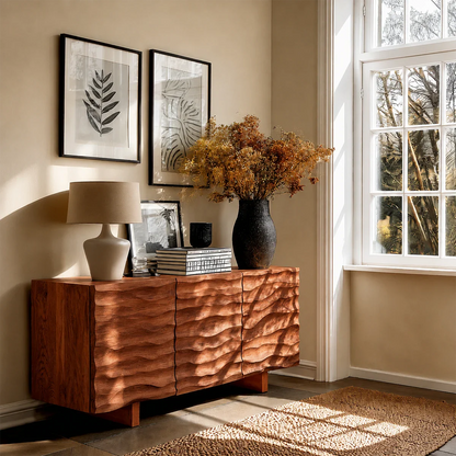 Modern storage cabinet with handcrafted wave detailing and contemporary living room appeal