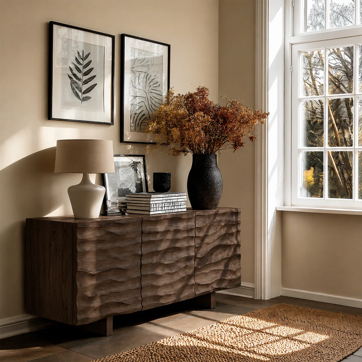 Minimalist sideboard cabinet with textured carved fronts and sleek hidden organization