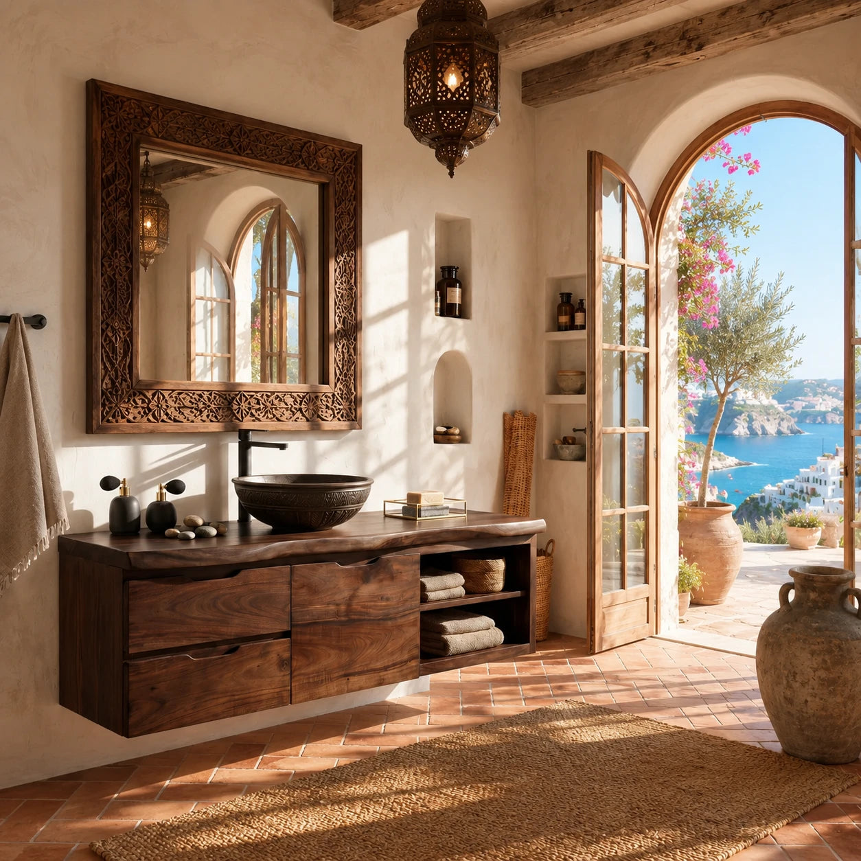 Three Drawer Floating Bathroom Vanity in Natural Solid Wood With Shelves - ArborisWood - 10