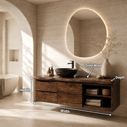 Three Drawer Floating Bathroom Vanity in Natural Solid Wood With Shelves - ArborisWood - 11