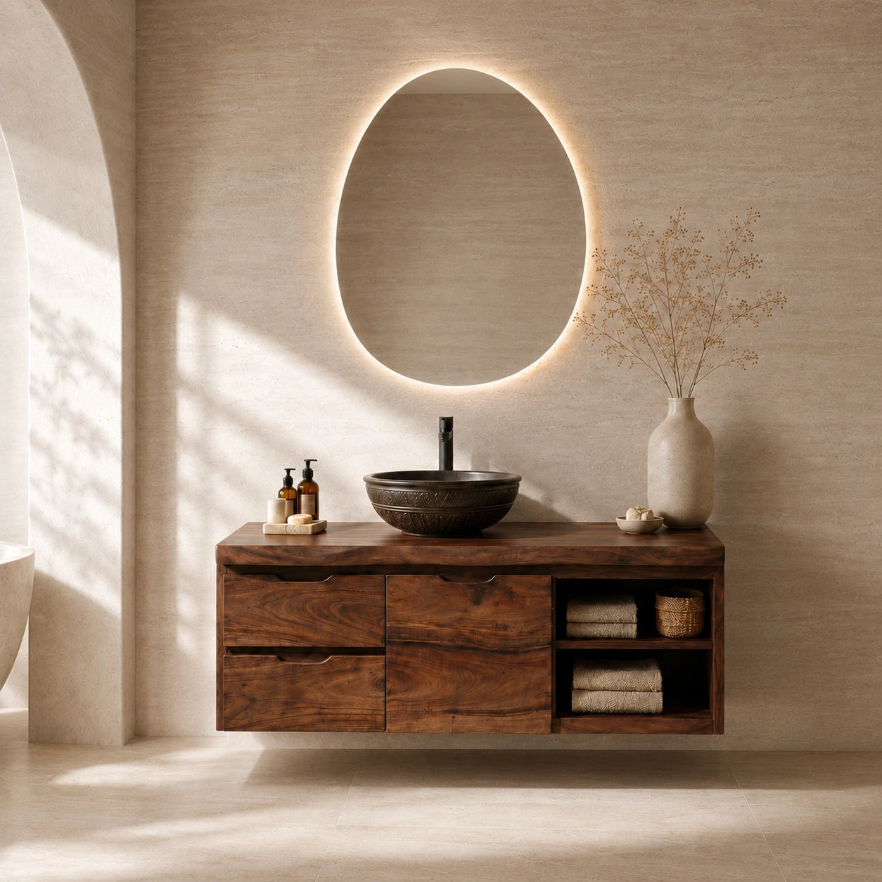 Three Drawer Floating Bathroom Vanity in Natural Solid Wood With Shelves - ArborisWood - 12