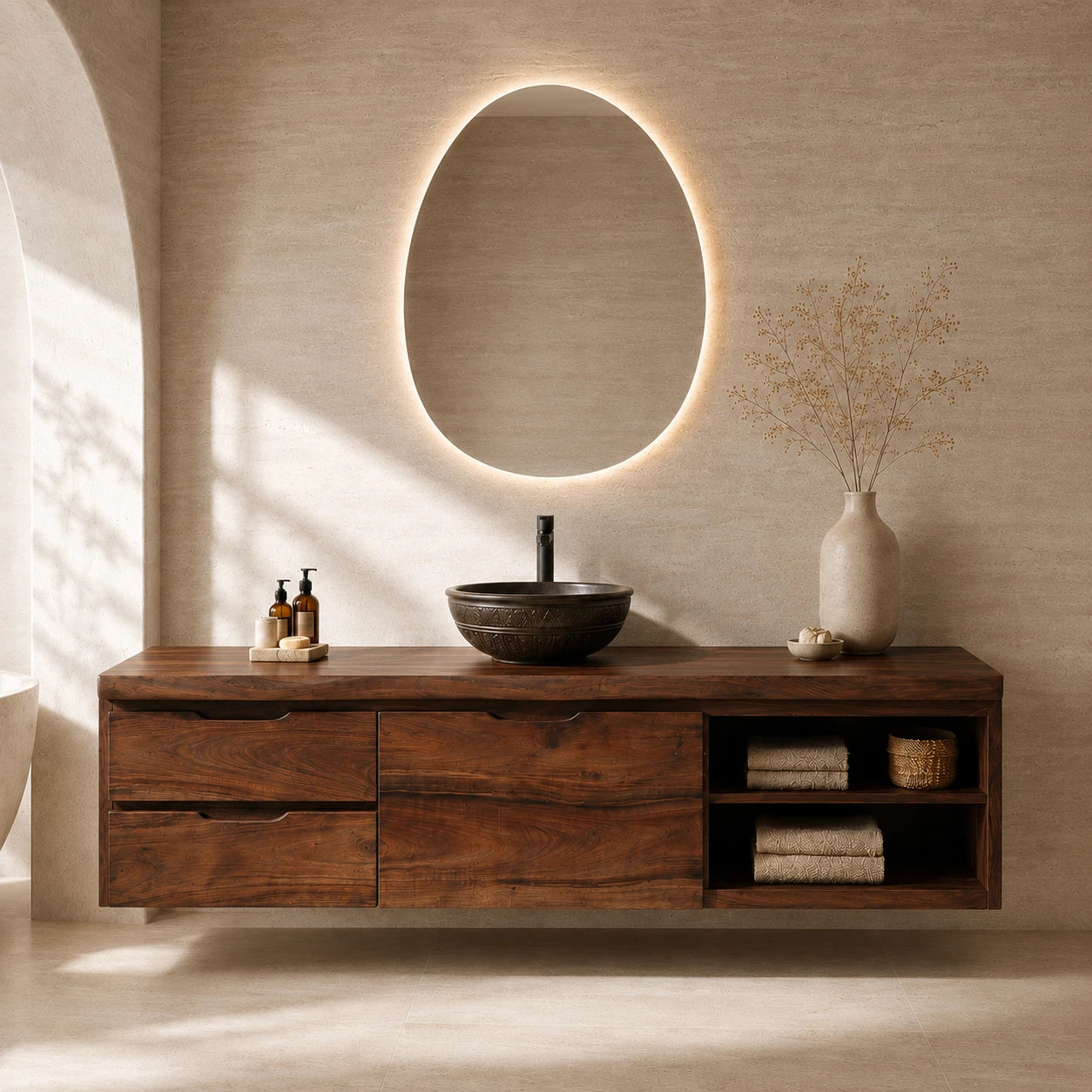 Three Drawer Floating Bathroom Vanity in Natural Solid Wood With Shelves - ArborisWood - 14