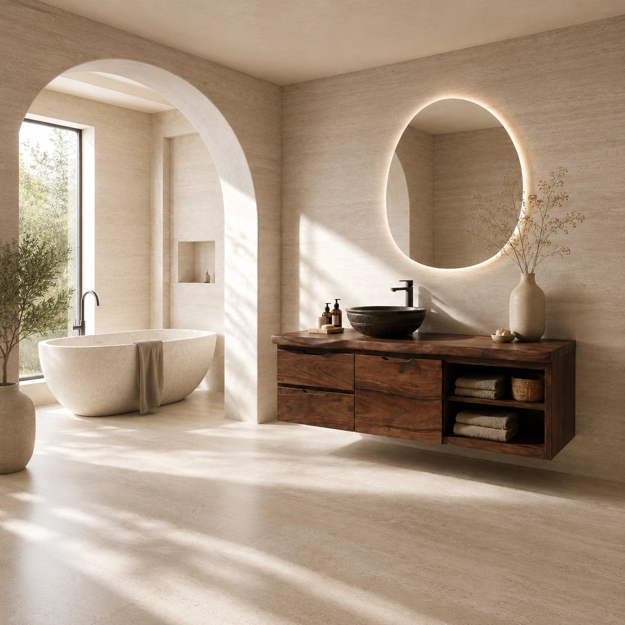 Three Drawer Floating Bathroom Vanity in Natural Solid Wood With Shelves - ArborisWood - 2
