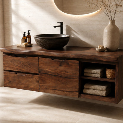 Three Drawer Floating Bathroom Vanity in Natural Solid Wood With Shelves - ArborisWood - 4