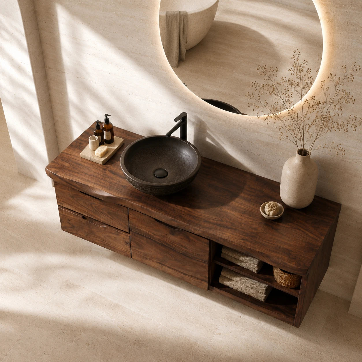 Three Drawer Floating Bathroom Vanity in Natural Solid Wood With Shelves - ArborisWood - 5