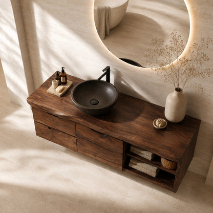 Three Drawer Floating Bathroom Vanity in Natural Solid Wood With Shelves - ArborisWood - 5