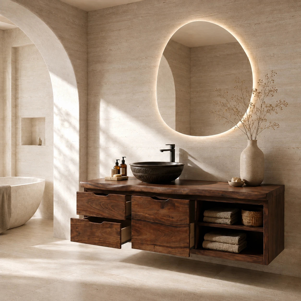 Three Drawer Floating Bathroom Vanity in Natural Solid Wood With Shelves - ArborisWood - 6