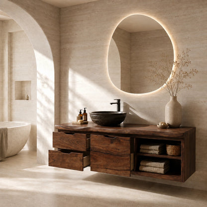 Three Drawer Floating Bathroom Vanity in Natural Solid Wood With Shelves - ArborisWood - 6
