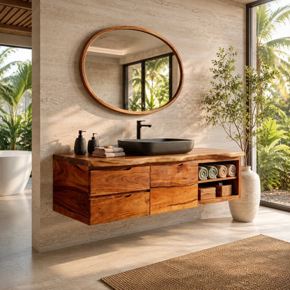 Three Drawer Floating Bathroom Vanity in Natural Solid Wood With Shelves - ArborisWood - 7