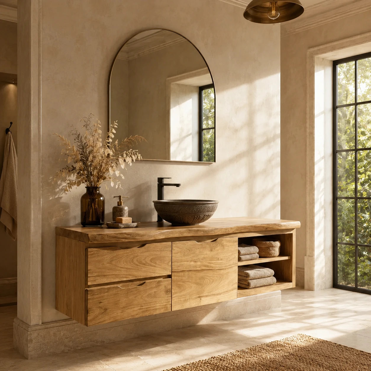 Three Drawer Floating Bathroom Vanity in Natural Solid Wood With Shelves - ArborisWood - 8