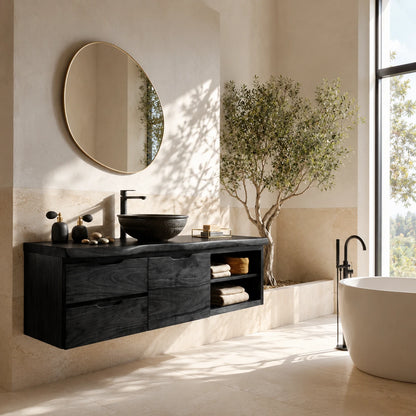 Three Drawer Floating Bathroom Vanity in Natural Solid Wood With Shelves - ArborisWood - 9