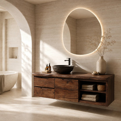 Three Drawer Floating Bathroom Vanity in Natural Solid Wood With Shelves - ArborisWood