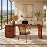 A spacious office desk with integrated drawers creates an organized everyday workspace