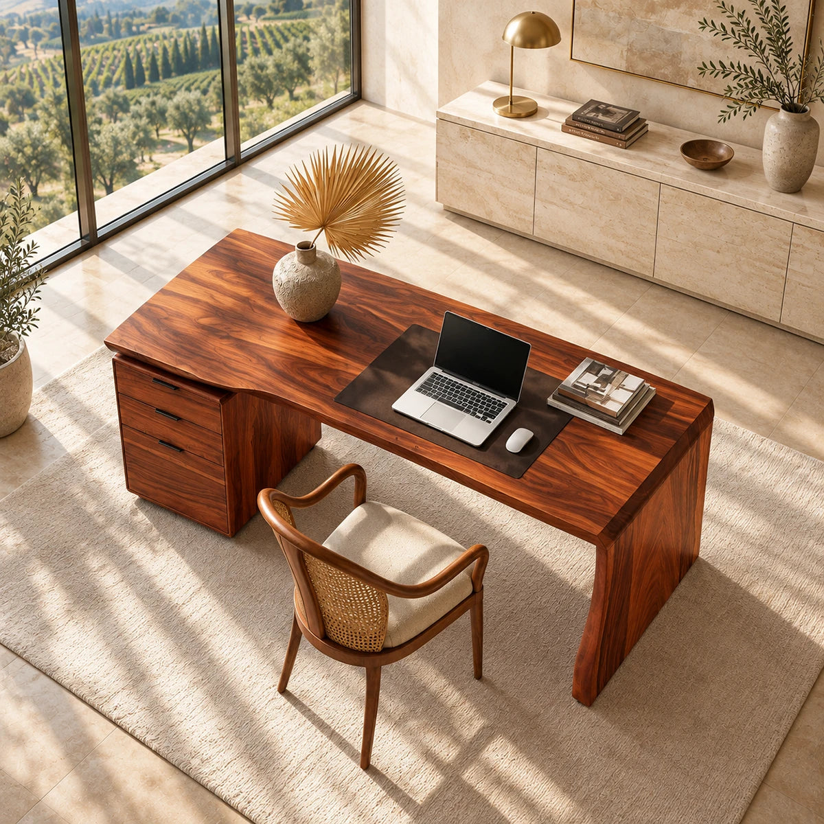 Designed for productivity, this writing desk combines a broad surface with storage