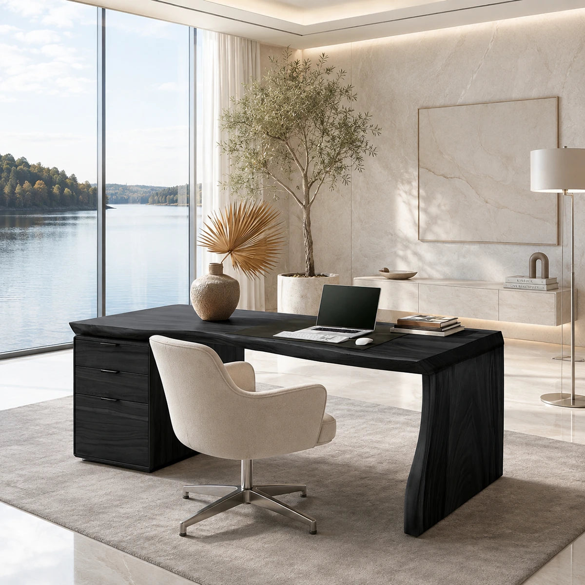 Large work desk with drawer pedestal and generous surface for organized office use