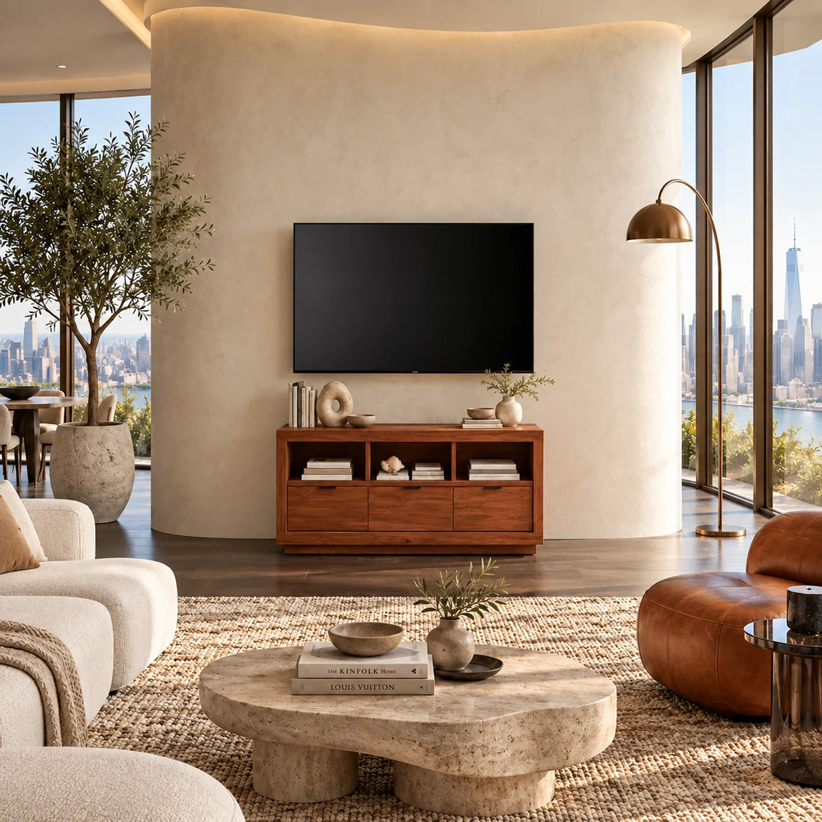 Versatile media credenza with open shelves and drawers for modern home interiors