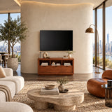 Versatile media credenza with open shelves and drawers for modern home interiors