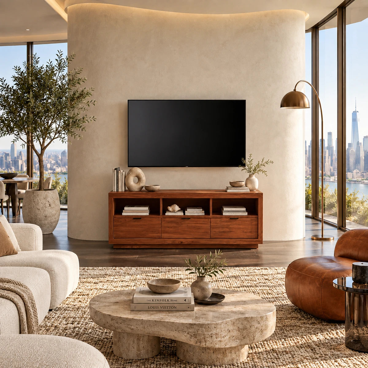 Practical modern TV unit with open cubbies and drawers for organized display use