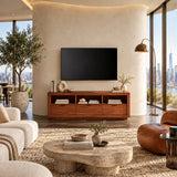 Classic home entertainment unit with drawers and open shelf space for storage needs