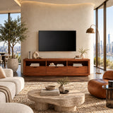 Sleek TV media stand with three drawers and upper open shelves for accessories use