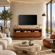 Natural solid wood TV stand with open shelves and three drawers for living room use
