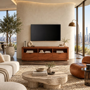 Natural solid wood TV stand with open shelves and three drawers for living room use