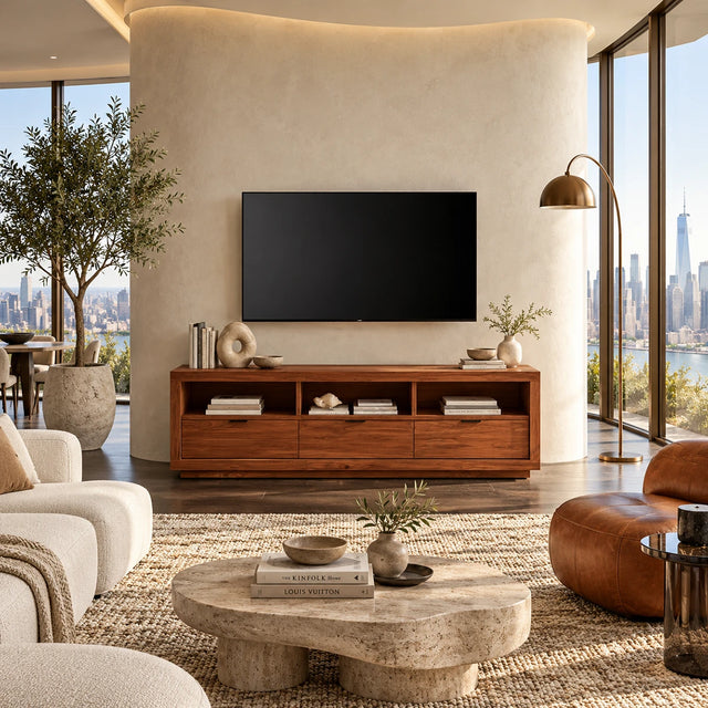 Natural solid wood TV stand with open shelves and three drawers for living room use