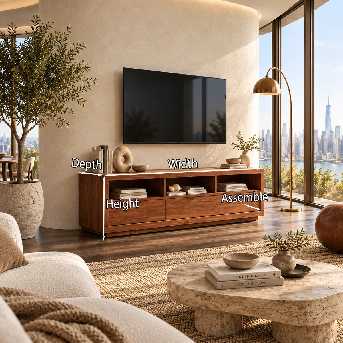 Minimalist TV storage unit with drawers and open shelving for a tidy setup at home