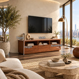 Minimalist TV storage unit with drawers and open shelving for a tidy setup at home