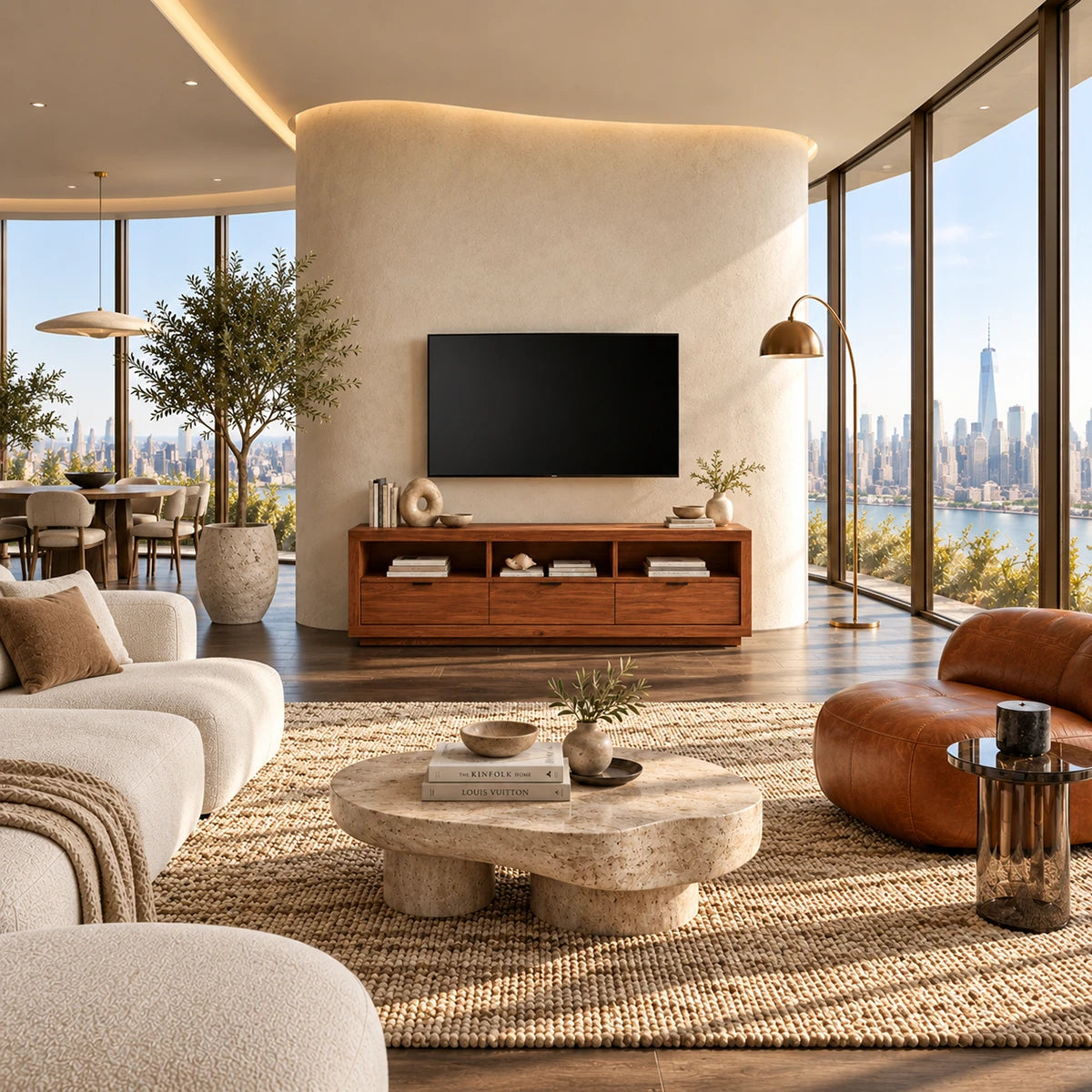 Modern media console with three drawers and open shelving for clean living spaces