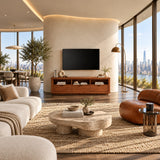 Modern media console with three drawers and open shelving for clean living spaces
