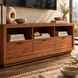 Low TV console with open display shelves and three drawers in a sleek low profile