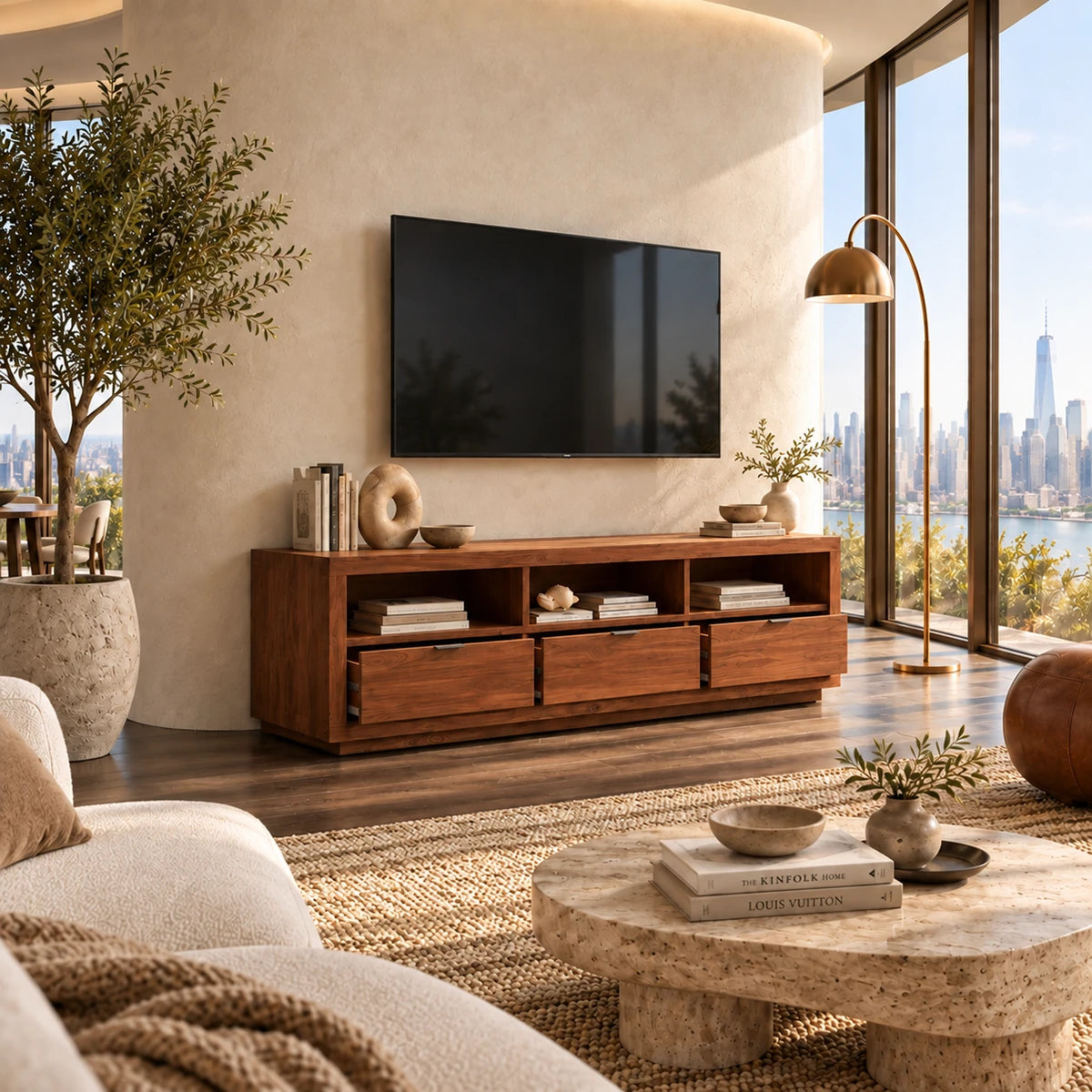 Refined TV cabinet with three drawers and open compartments for organized storage