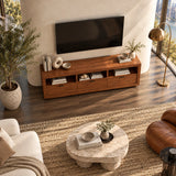 Streamlined media cabinet with open shelves and three drawers for daily essentials